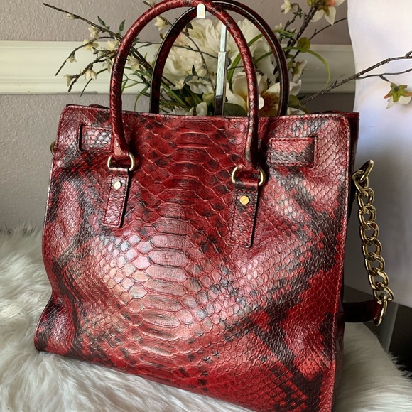 Michael Kors Red Leather Hamilton Tote Bag Large Exotic Python Purse - Picture 2 of 16